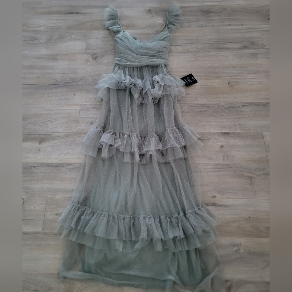 Lulus Pure Radiance Sage Brush Mesh Swiss Dot Tiered Maxi Dress sz XS - Picture 3 of 6